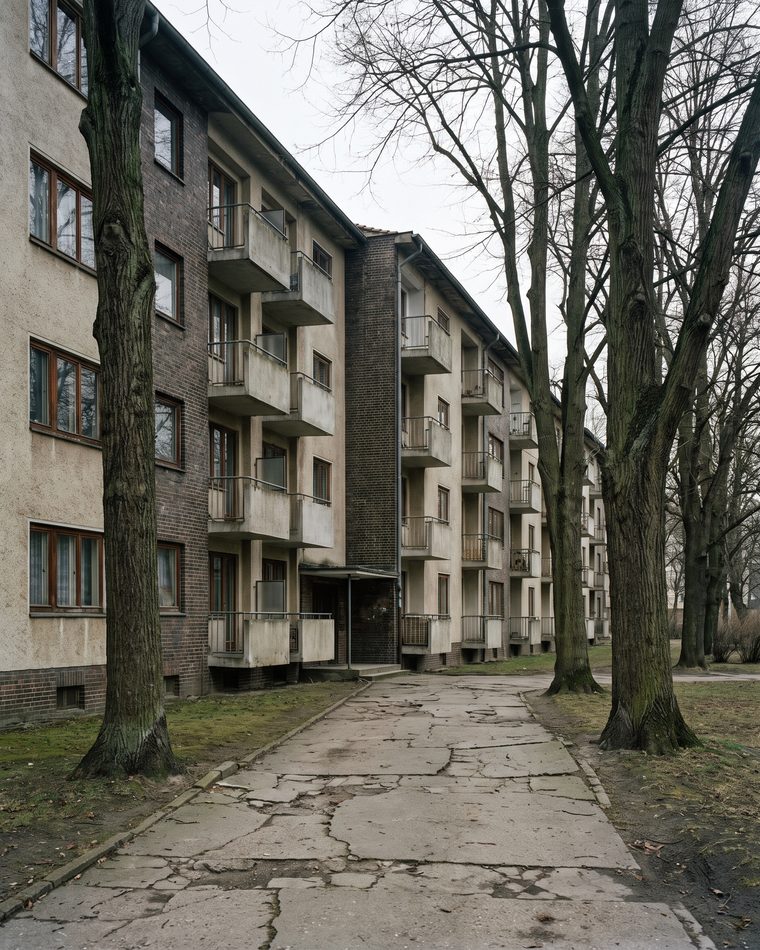 Unsaniertes Mehrfamilienhaus der 1960er-Jahre mit Balkonen und alten Fenstern