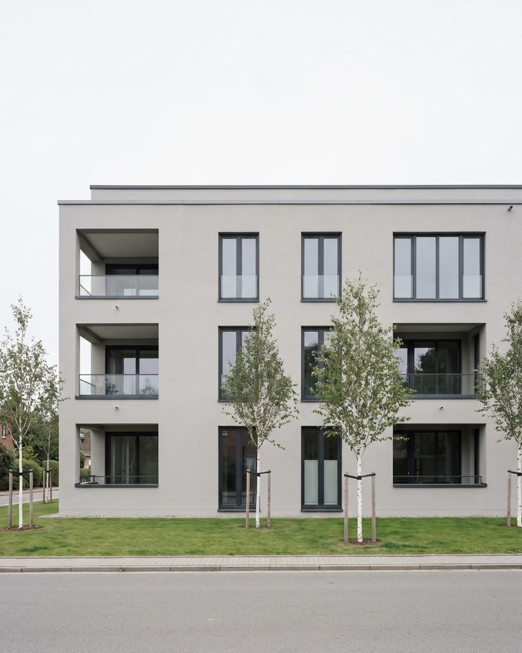 Neu gebautes dreigeschossiges Mehrfamilienhaus mit hellem Putz und anthrazitfarbenen Fenstern