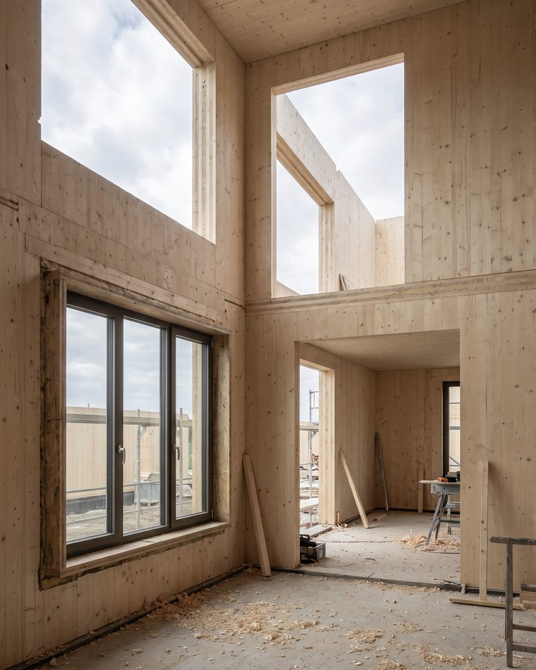 Holzbau im Rohbau mit sichtbaren Brettsperrholz-Elementen